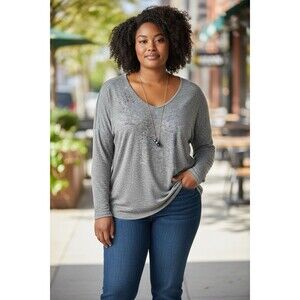 Karen Brooks Blue Long Sleeve Women’s Plus  3X With Necklace Bohemian Casual